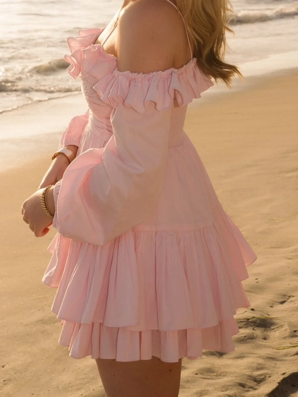 LoveShackFancy Pink Ruffled Off-Shoulder Mini Dress - Picture 2 of 4